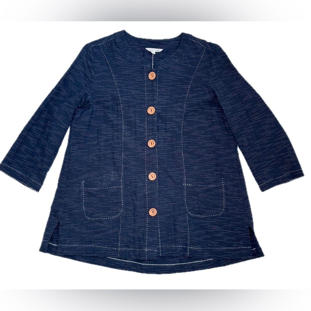 John Mark Navy Blue White Top Shacket Medium Crepe Fabric Lagenlook Coastal